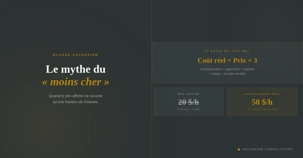 Infographie Ascensium : le mythe du moins cher, coût réel égale prix multiplié par 3, comparaison entre un tarif affiché de 20 $/h et un investissement réel de 50 $/h